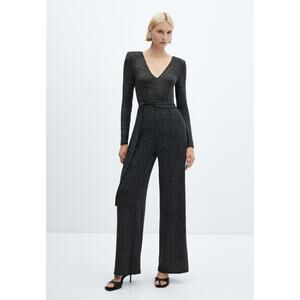 Mango Silver Sparkle Belted Long Sleeve Wide Leg Stretch Jumpsuit Size M